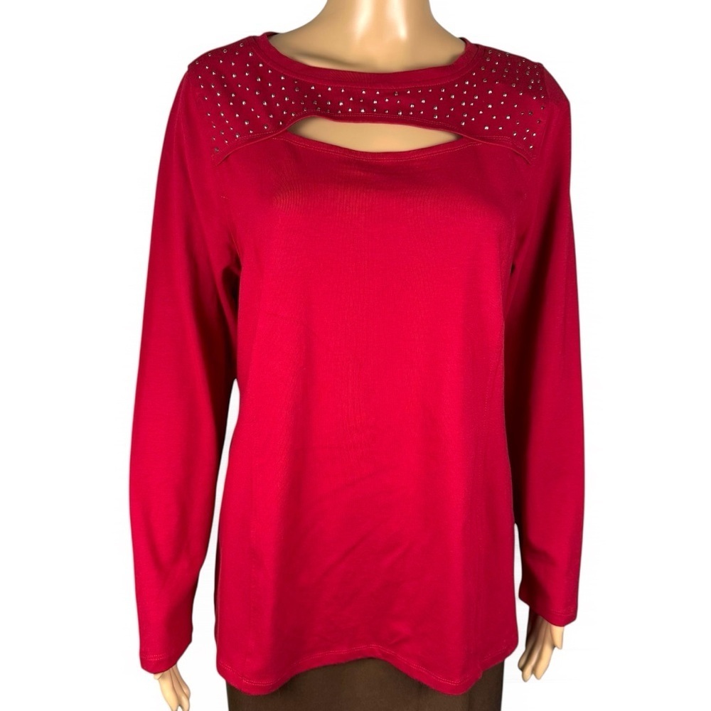 NWT New Belle By Kim Gravel Cut out Embellished Red Top Tunic Size L